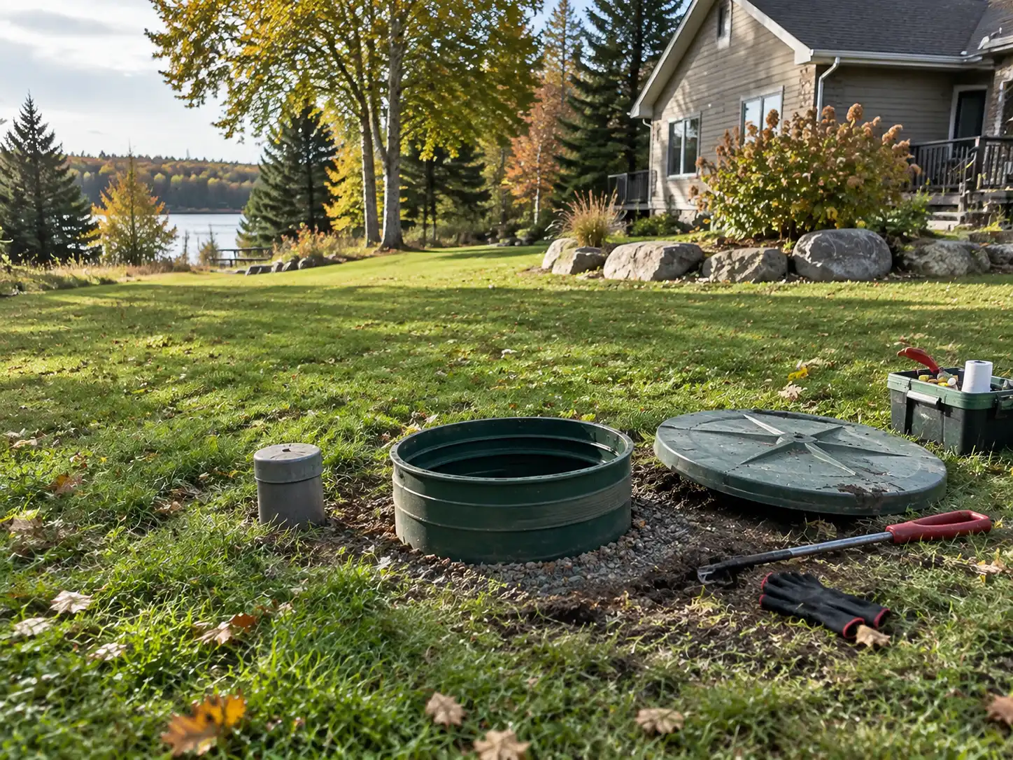 Septic system access points prepared for routine maintenance at a rural Ottawa property