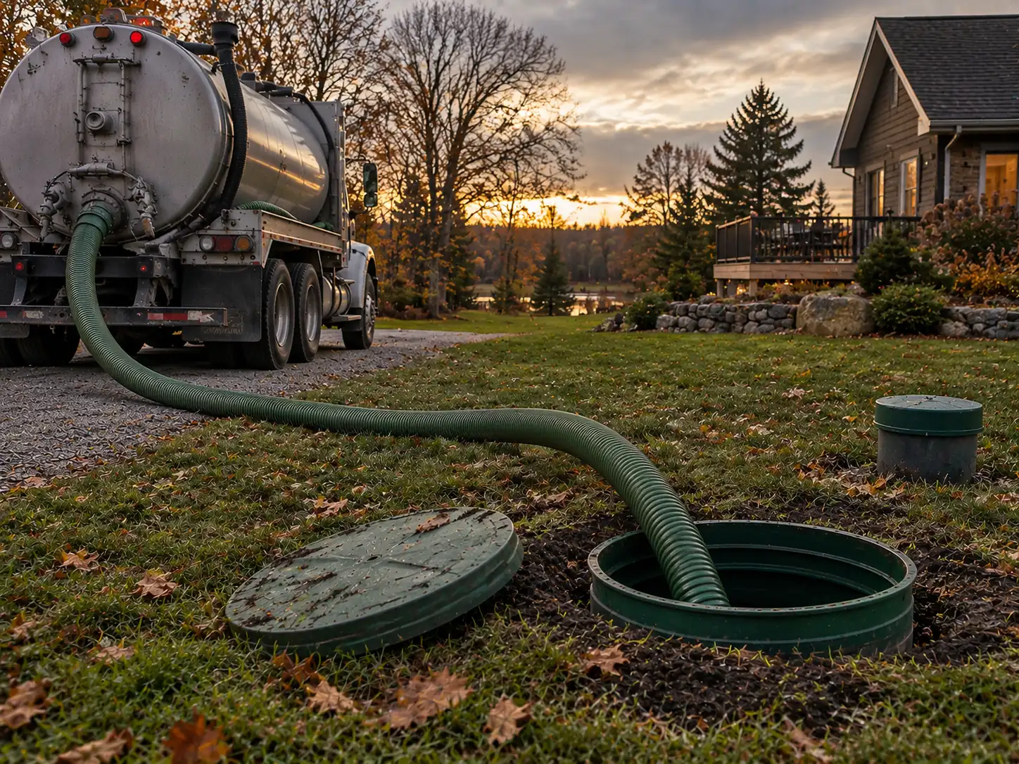 Septic vacuum truck and cleaning hose servicing a tank at a rural Ottawa property