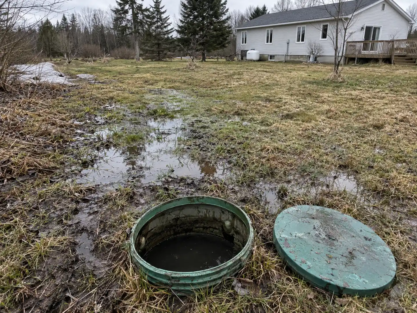 Open septic tank access with standing water around the system at a rural Ottawa property