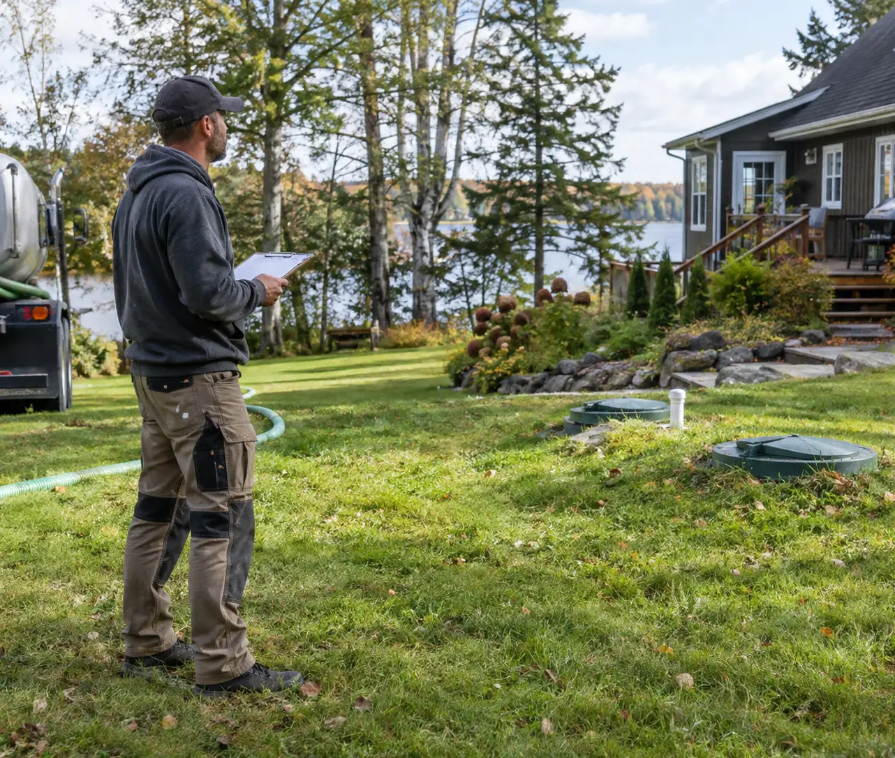 Septic specialist inspecting a rural Ottawa property and reviewing system conditions before service