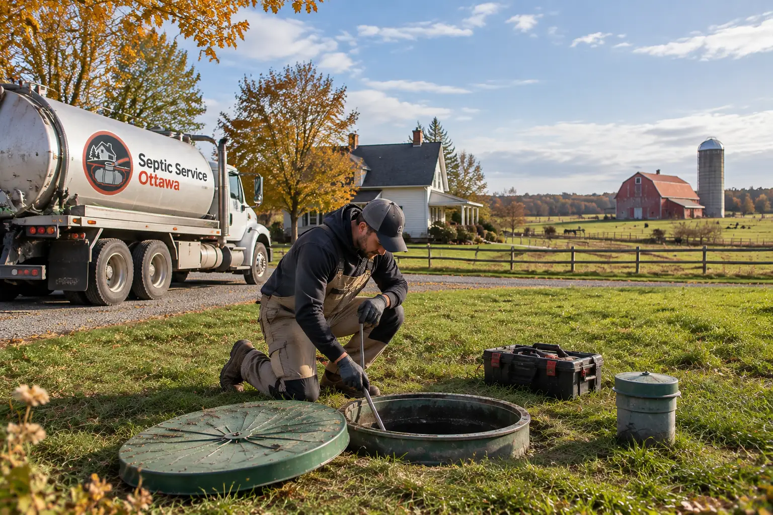 Septic technician performing routine maintenance on a septic system at a rural Ottawa farm property