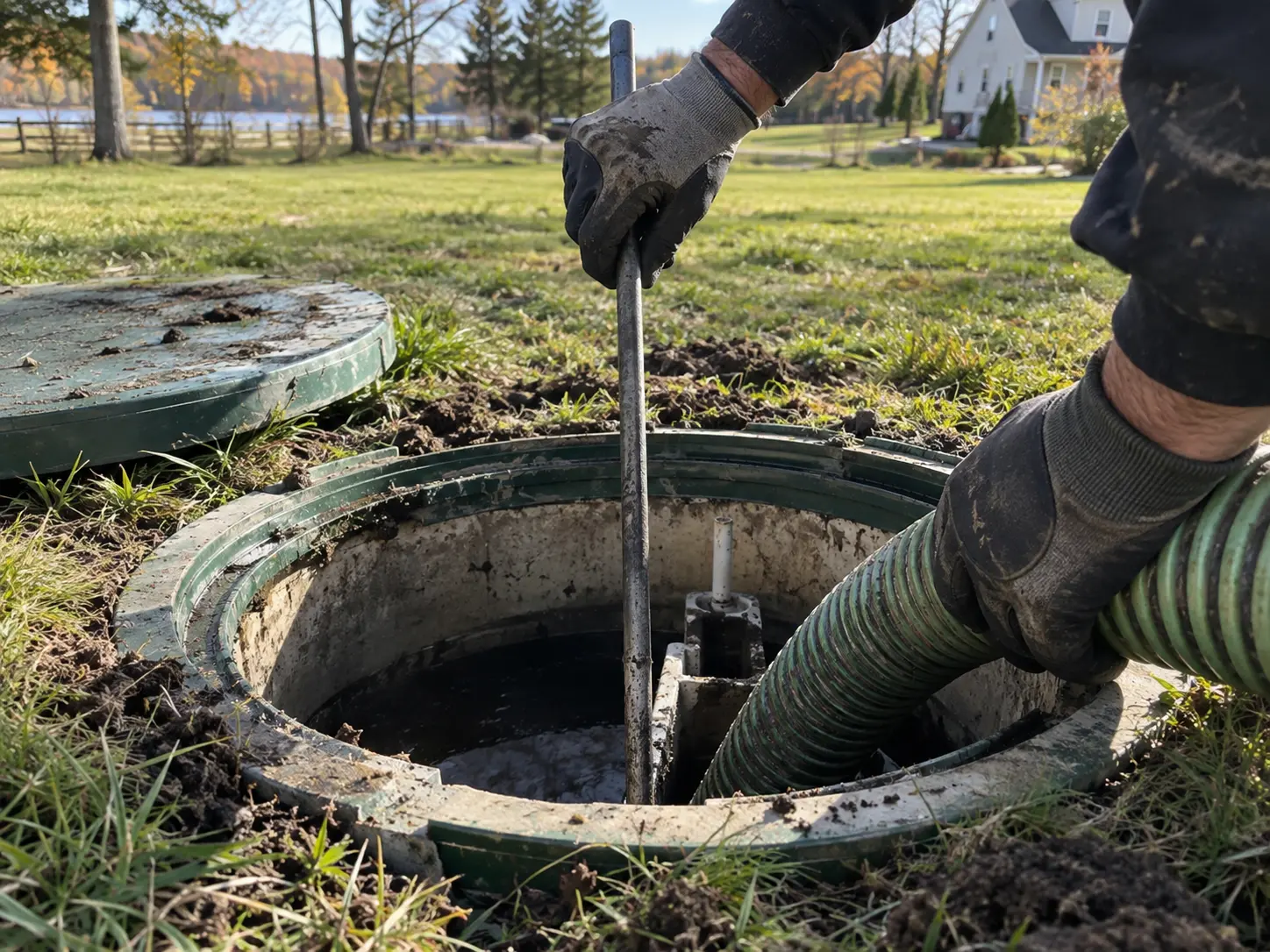 Septic technician inspecting an open septic tank during routine maintenance at a rural Ottawa property