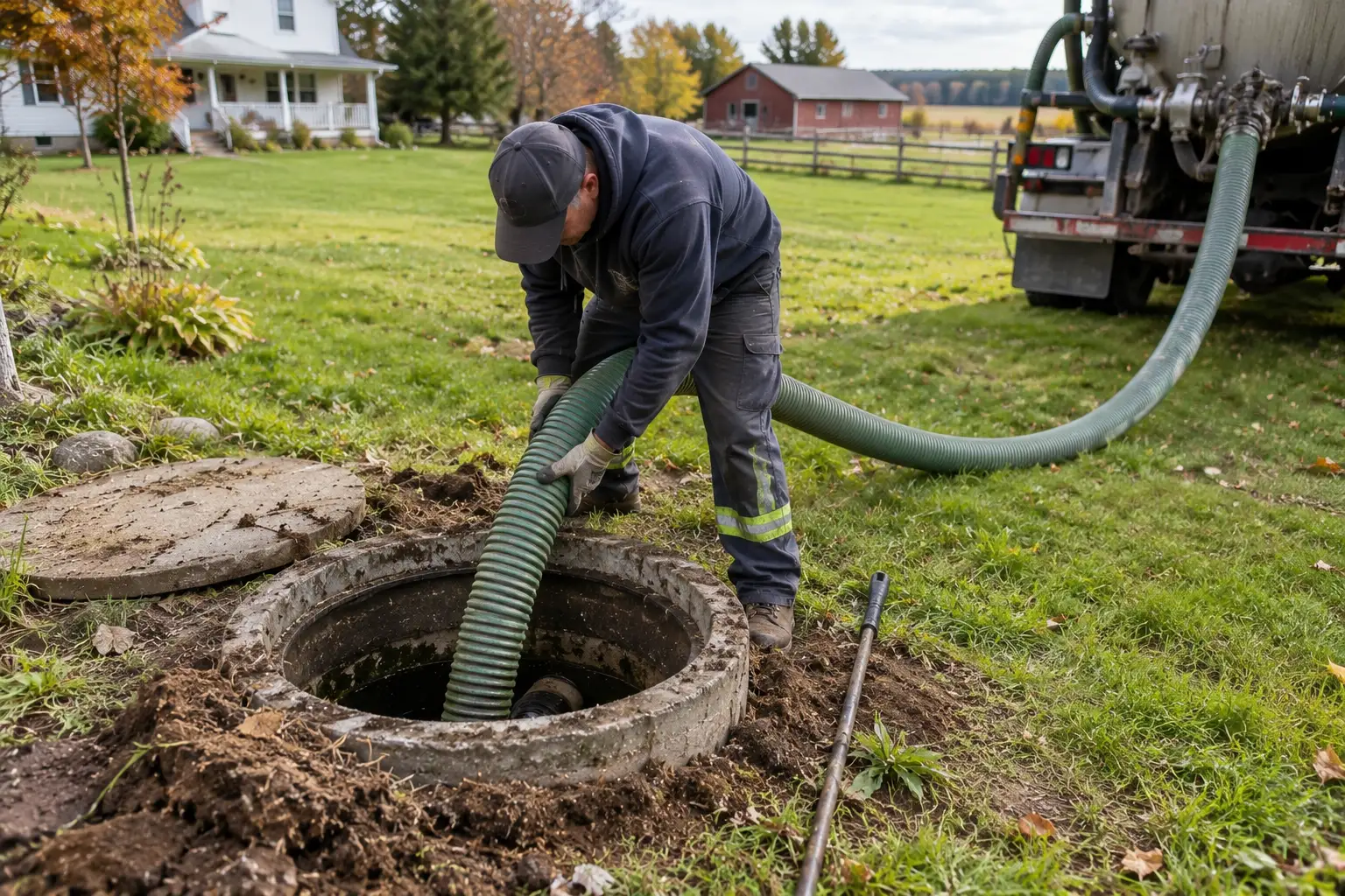 Septic technician cleaning an open septic tank with a heavy-duty suction hose at a rural Ottawa property