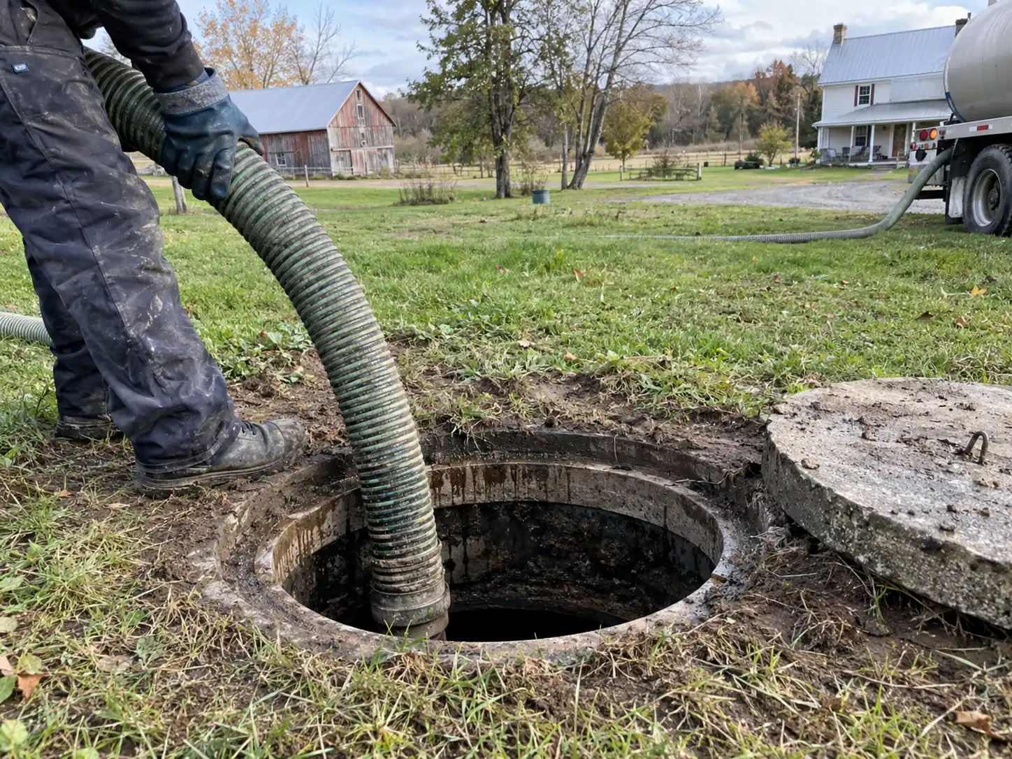 Heavy-duty septic cleaning hose removing buildup from an open