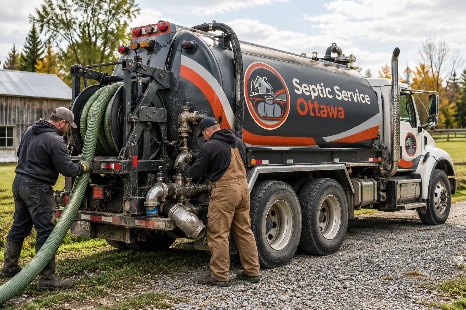 Septic Service Ottawa technicians preparing professional tank cleaning equipment beside a vacuum truck at a rural property